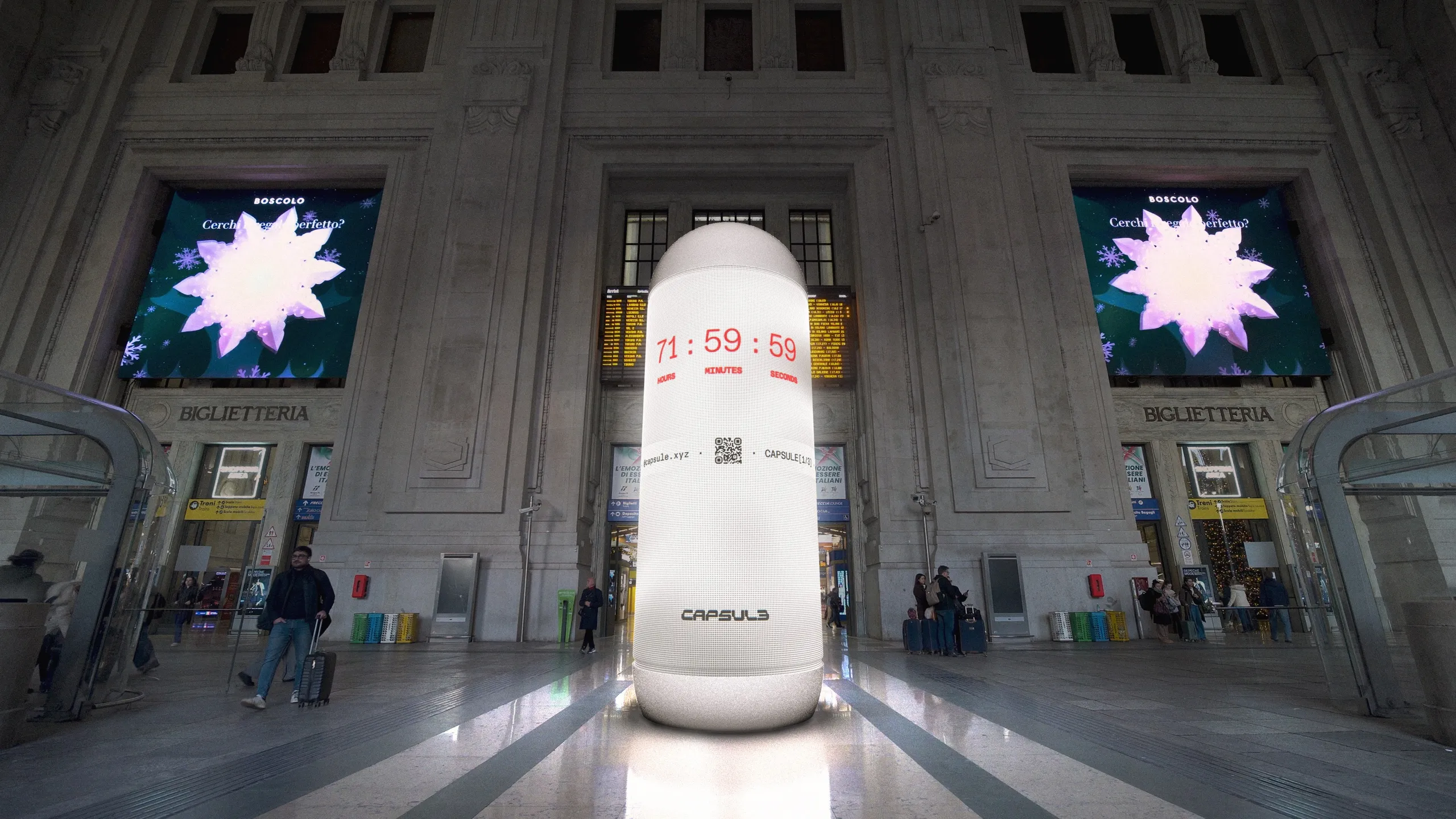 Rendering of the Capsule installation in Milano Centrale station: a white illuminated column with a countdown