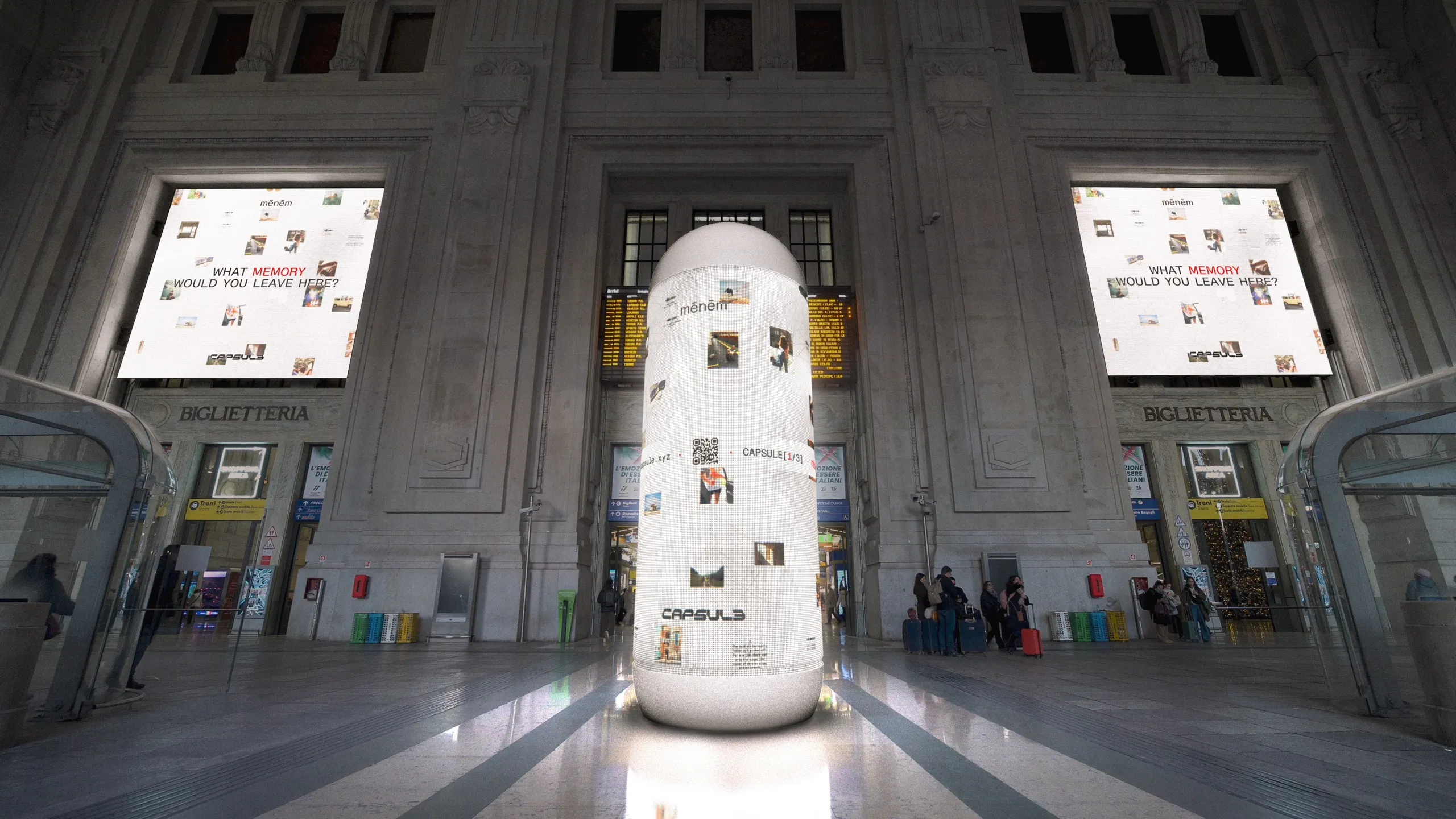 The Capsule column in Milano Centrale covered in shared memories, with the same images on the station screens